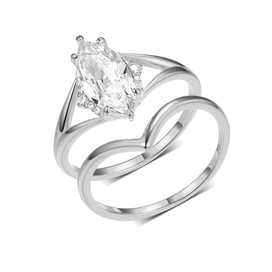 S925 Silver 3.9g Marquise Moissanite Ring Set, 6x12mm D VVS1 V-Shape Curved Band, GRA Certified US 6-9 Gift Box