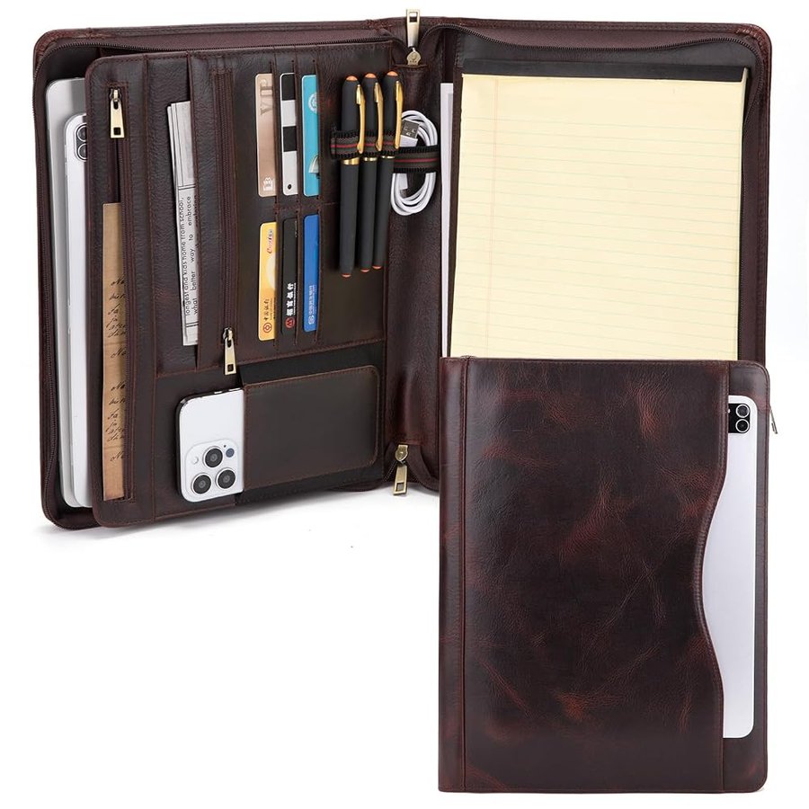 Portfolio in vera pelle con tasca esterna, doppia cerniera, cartella portadocumenti da lavoro, organizer regalo per donne e uomini, marrone scuro, conciata all'olio