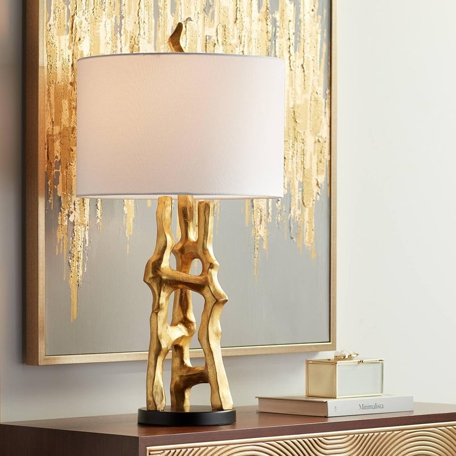 Possini Euro Design Scultura organica alta 73,7 cm moderna glam lampada da tavolo di lusso finitura oro singolo tessuto bianco paralume soggiorno camera da letto comodino casa ufficio casa lettura