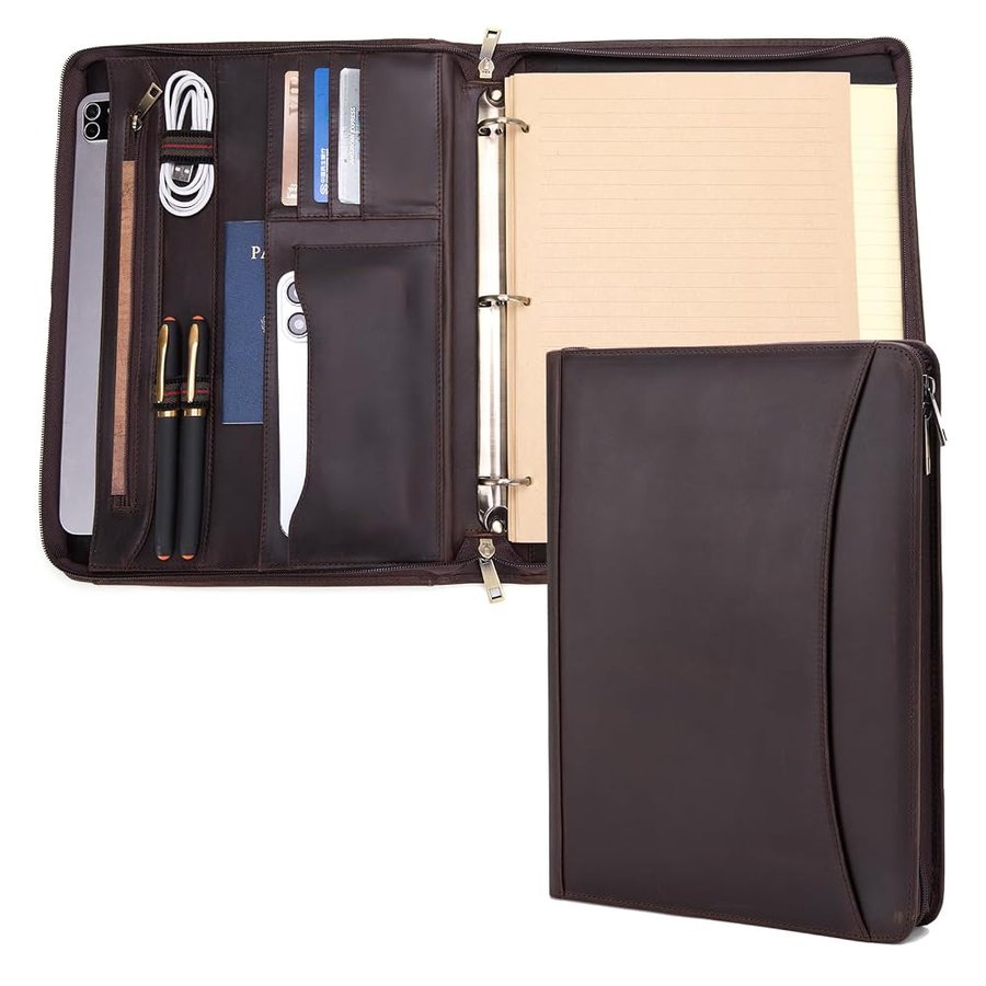Cartella in vera pelle, raccoglitore a 3 anelli, tasca esterna, doppia cerniera, organizer in pelle da lavoro, regalo per donne e uomini, marrone scuro