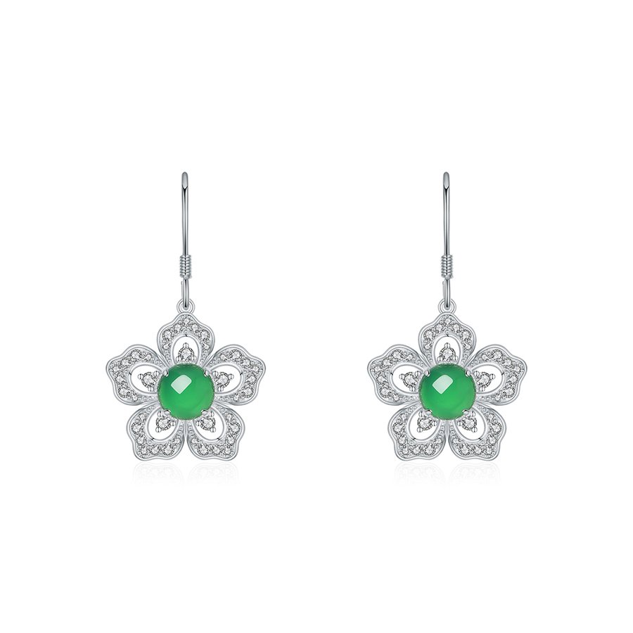 S925 Sterling Silver Flower Dangle Earrings, 6mm Round Green Chrysoprase, Platinum Plated Elegant Women's Jewelry With Gift Box